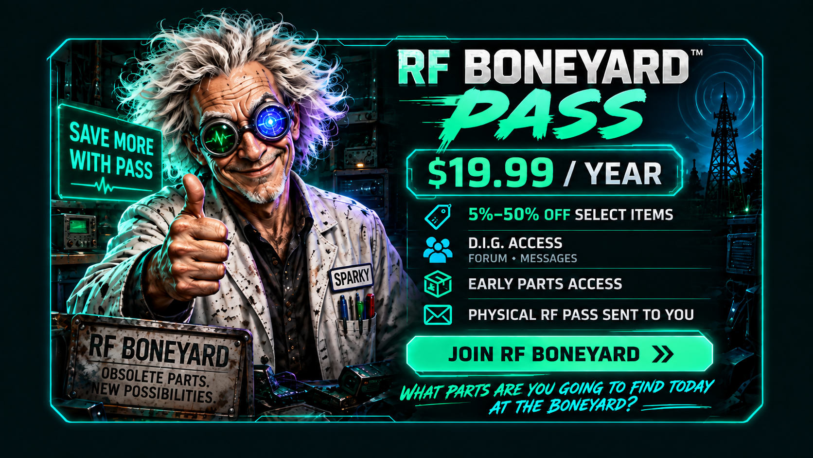 RF Boneyard Pass with Sparky. $19.00 per year with member savings, D.I.G. access, forum and messaging, early parts access, and a physical RF Pass sent to you.