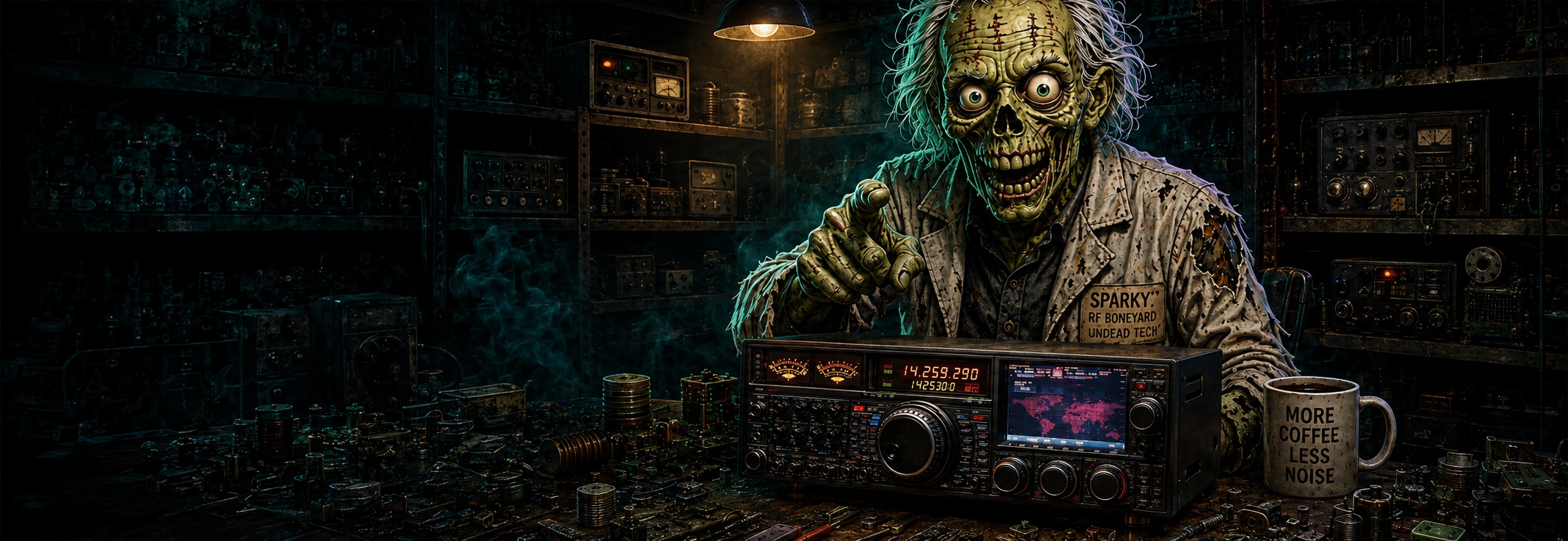 Sparky repairing a Yaesu FT-DX9000 on the RF Boneyard homepage