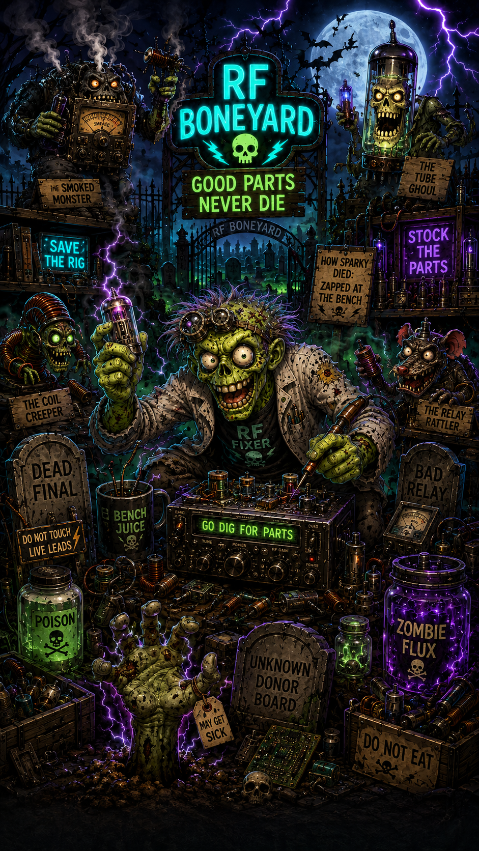 Sparky the RF Boneyard Zombie™ in the RF Boneyard cemetery scene