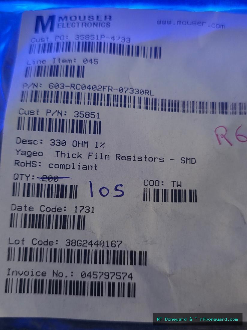 105-Pack YAGEO RC0402FR-07330RL 330 Ohm 1% 1/16W 0402 SMD Resistors photo