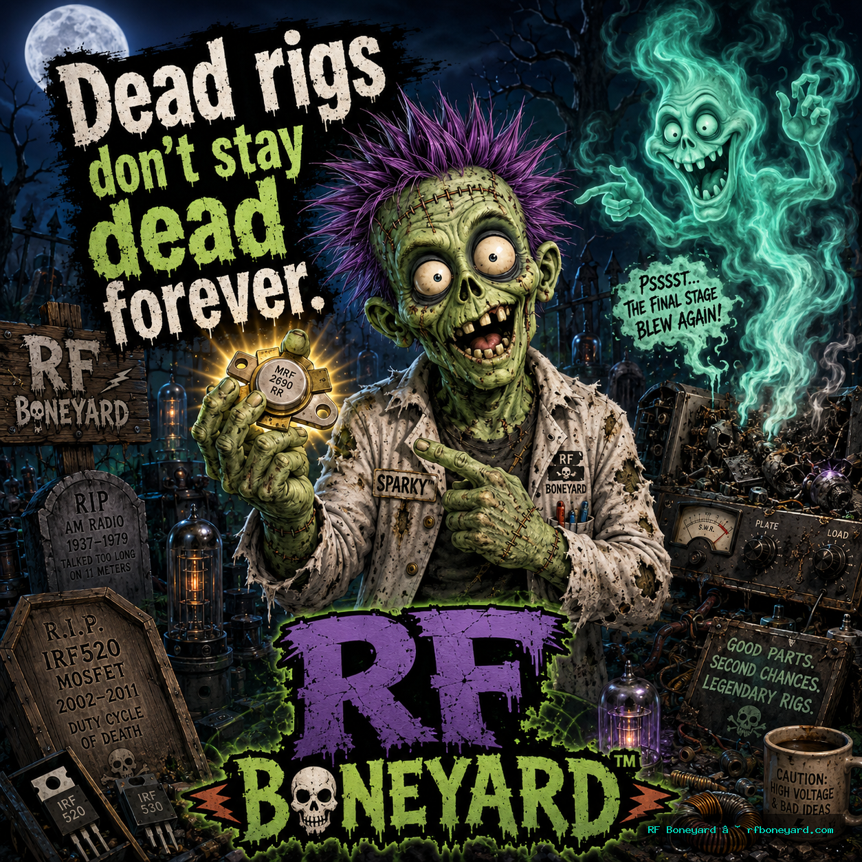 RF Boneyard Sparky Zombie Dead Rigs Don't Stay Dead Forever Graphic T-Shirt White photo